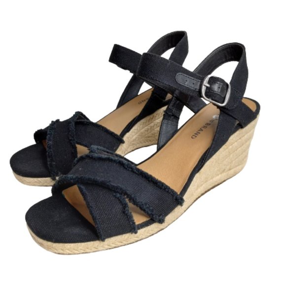 Lucky Brand “Mindra” Black Espadrille Wedge Canvas Sandals Ankle Strap Size 9 - Picture 1 of 8